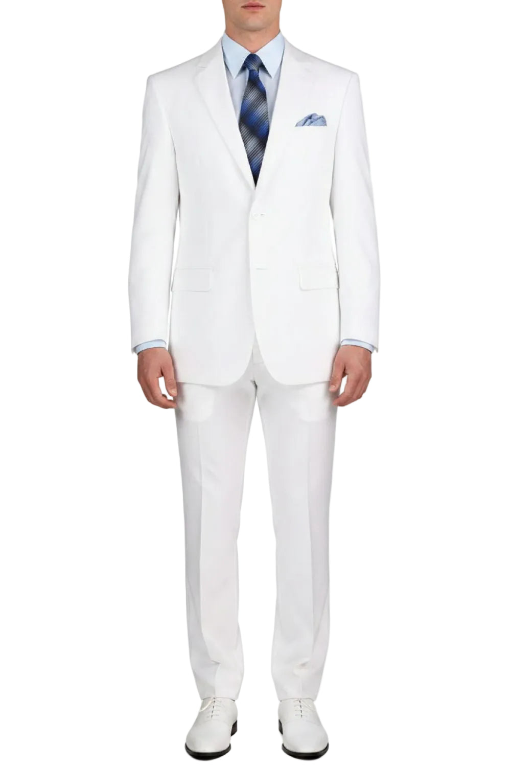 White suit with a patterned tie on a white background