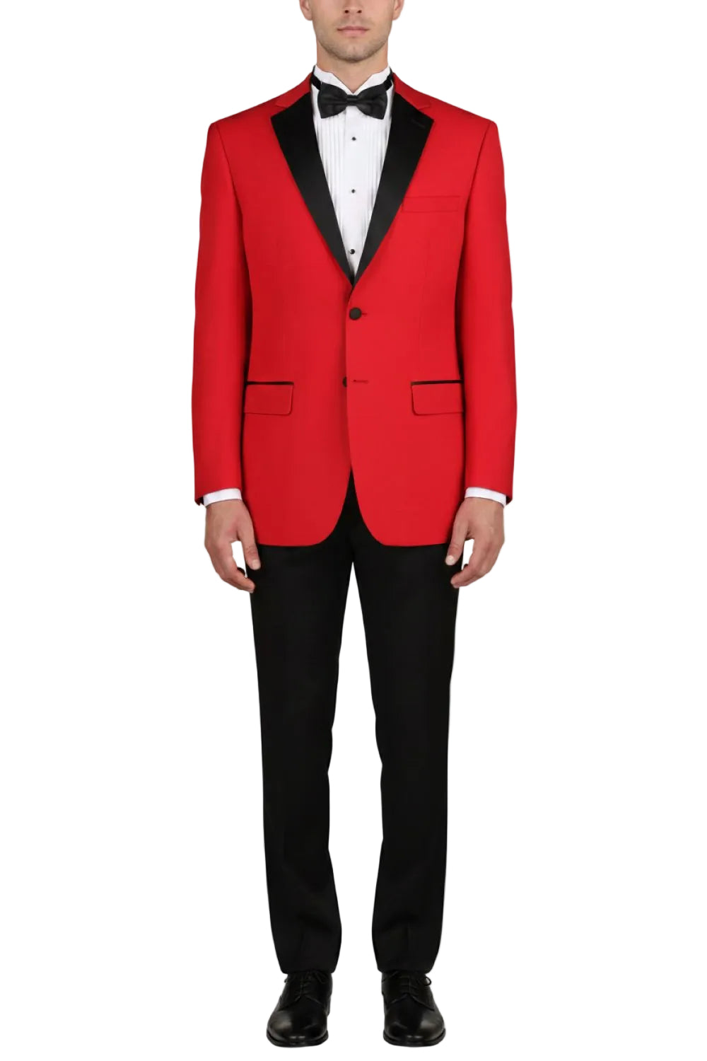 Red tuxedo with black lapels on a white background