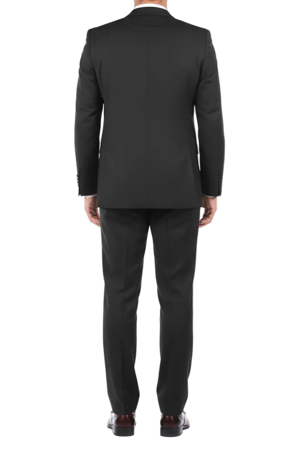 Black suit jacket and pants on a white background
