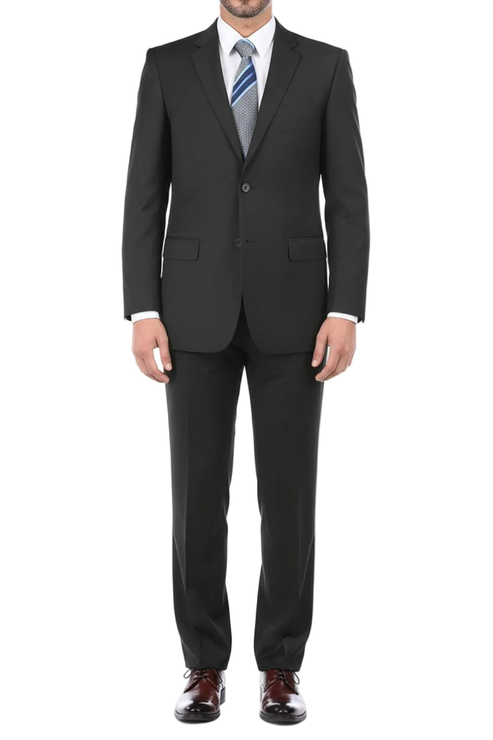 Black suit with a white shirt and striped tie on a white background