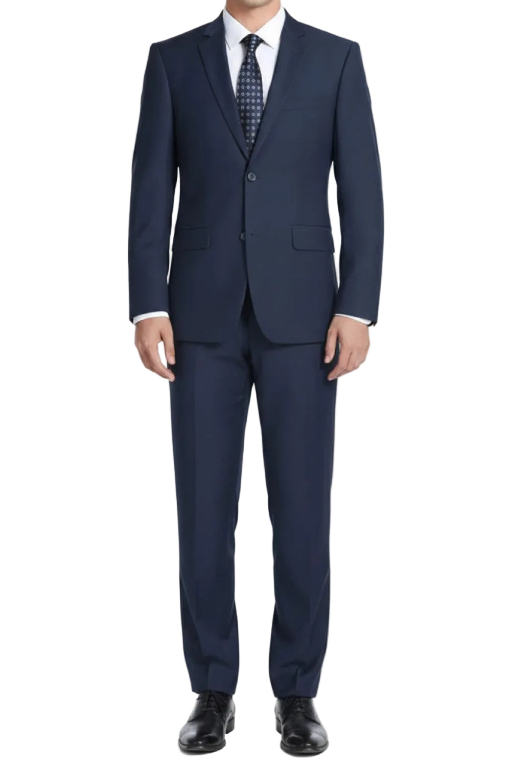 Navy blue suit with a white shirt and black shoes on a white background