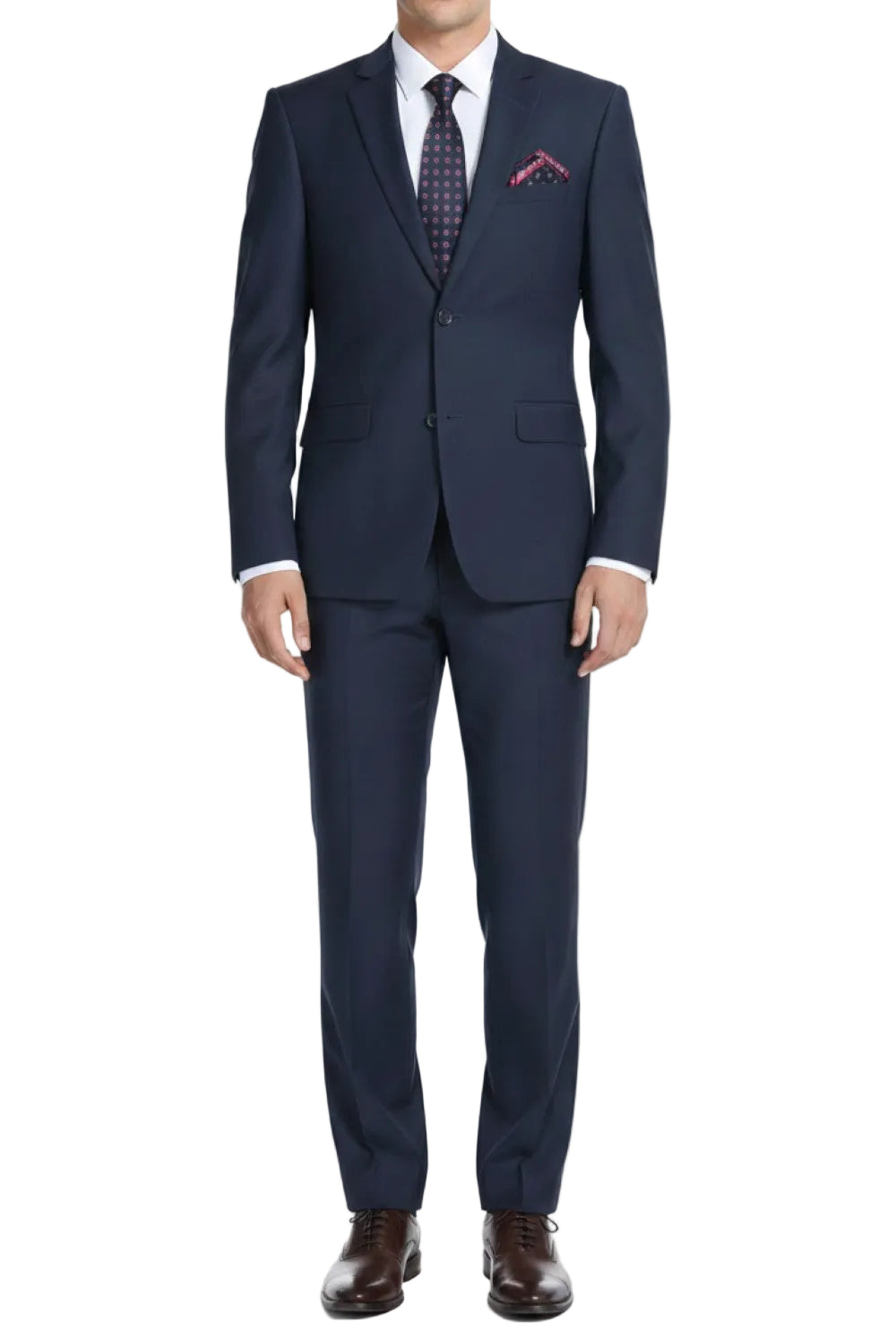 Navy blue suit with a white shirt, patterned tie, and brown shoes on a white background