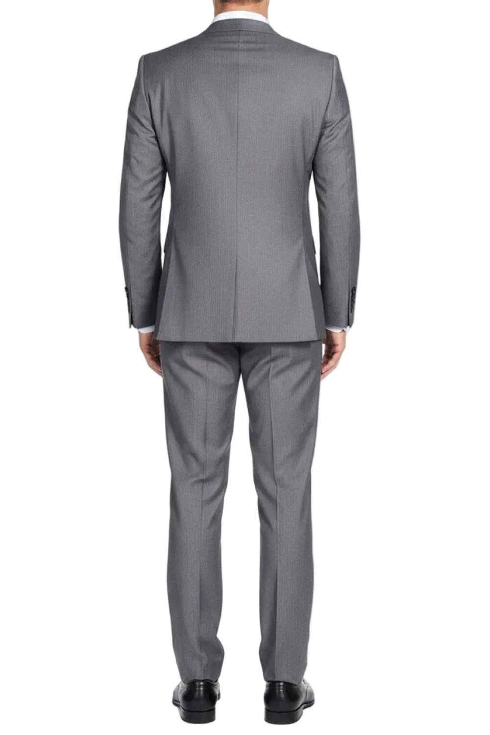 Gray suit worn by a person on a white background