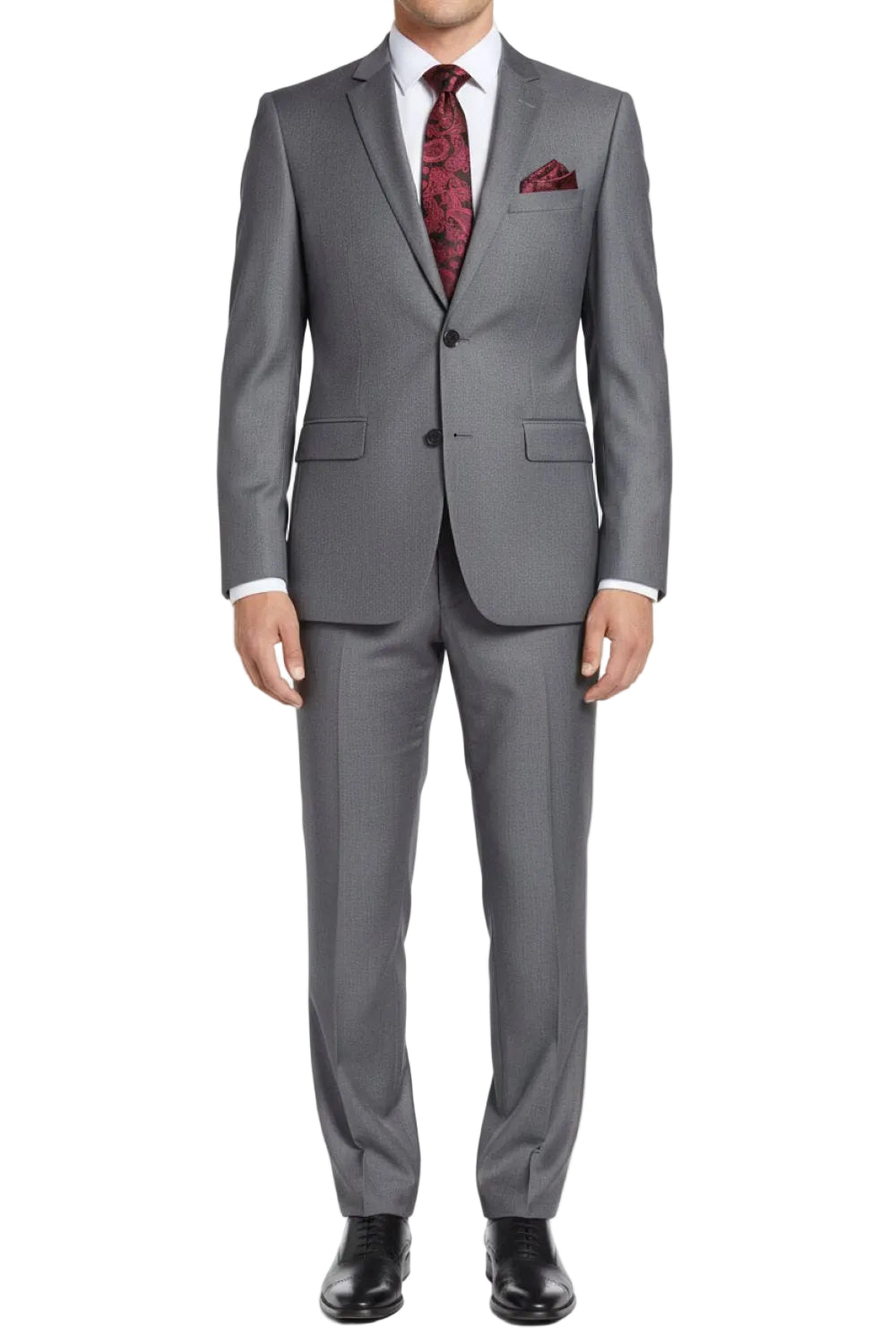 Gray suit with a red patterned tie and pocket square on a white background