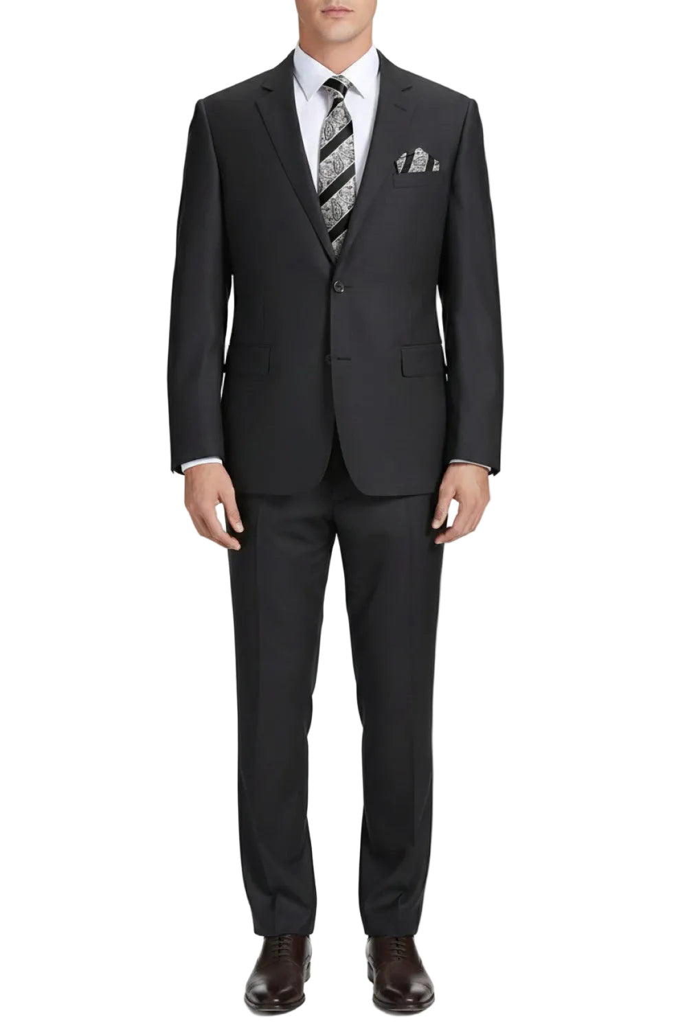 Black suit with a patterned tie on a white background