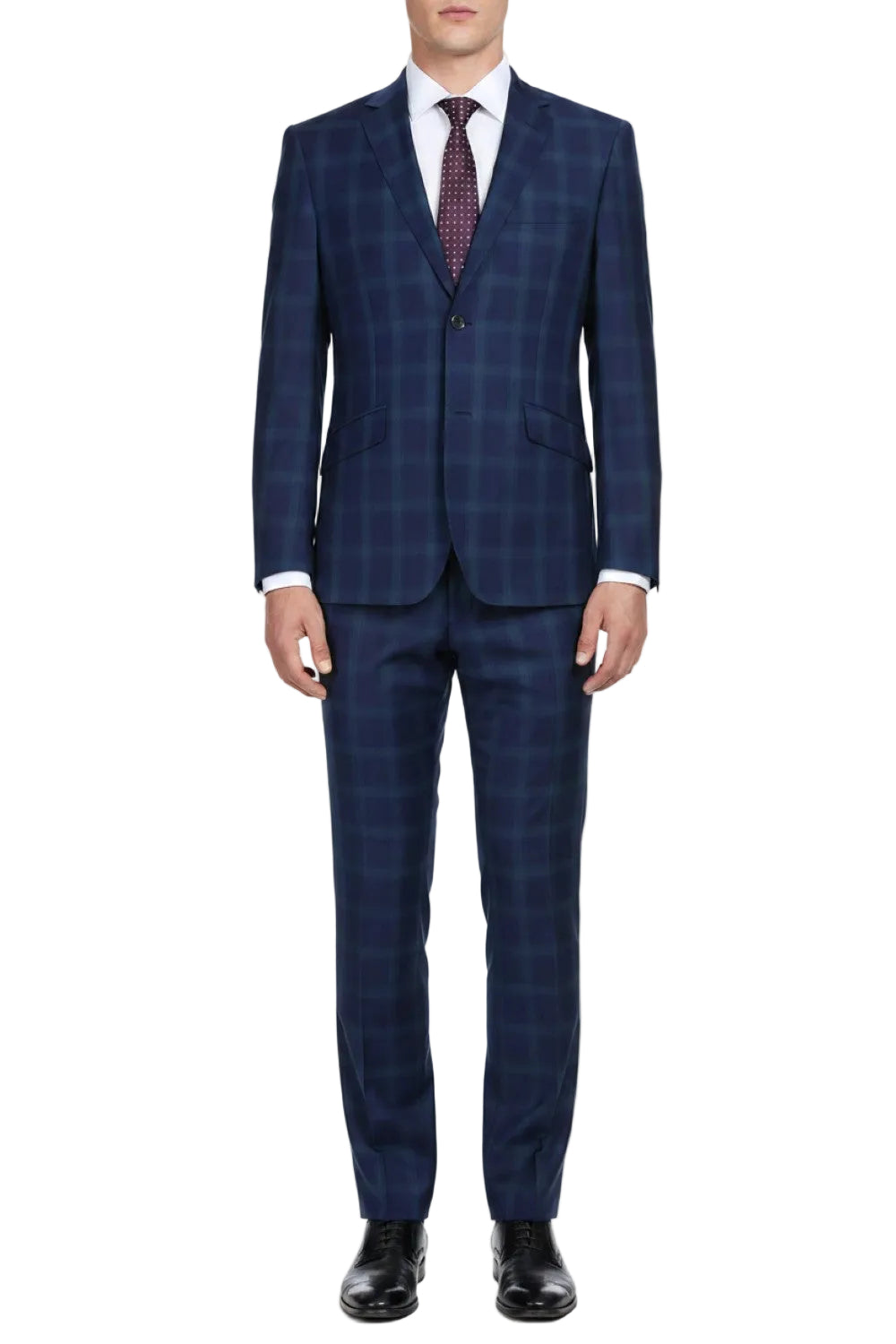 Man wearing a blue checkered suit on a white background