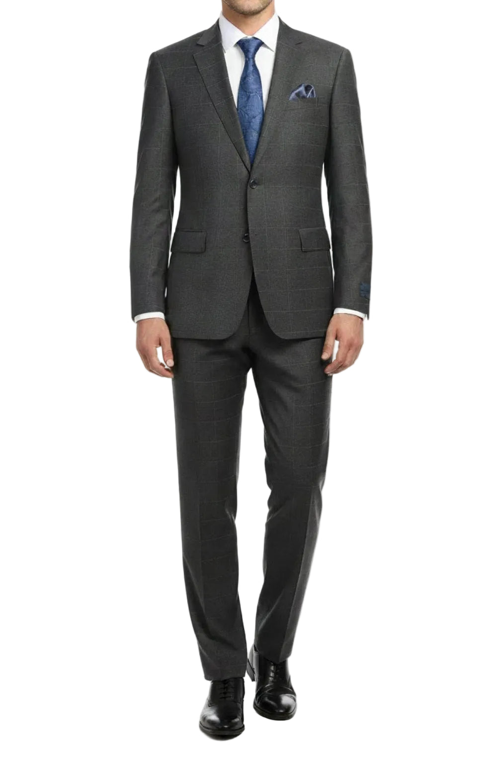 Gray suit with a blue tie and pocket square on a white background