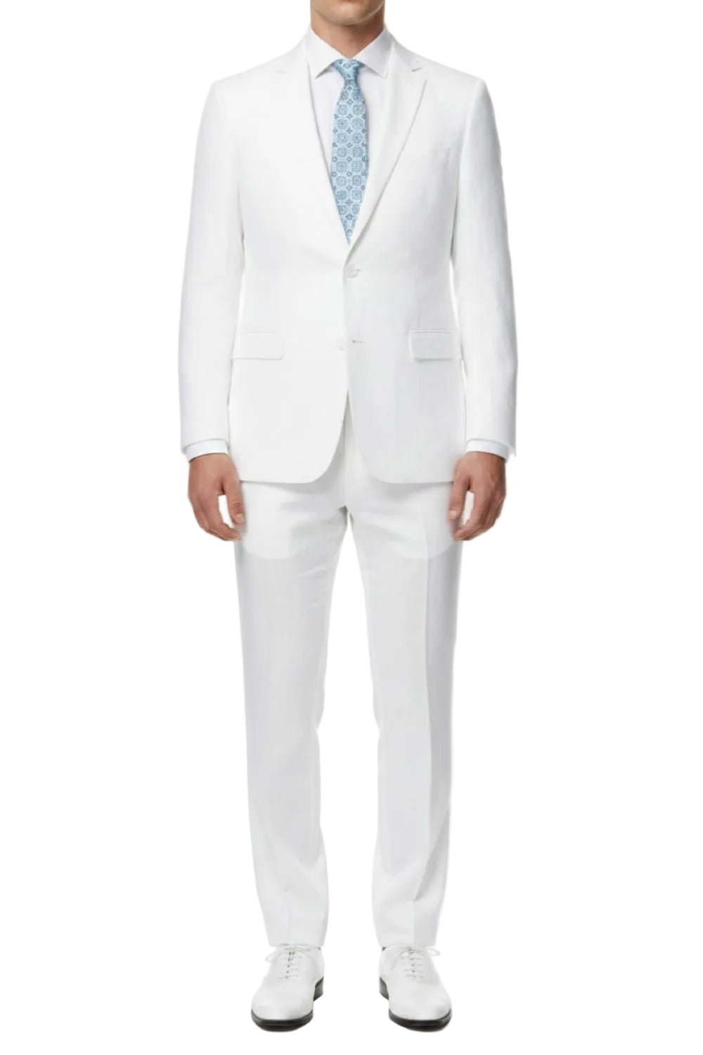 Man wearing a white suit with a light blue tie on a white background