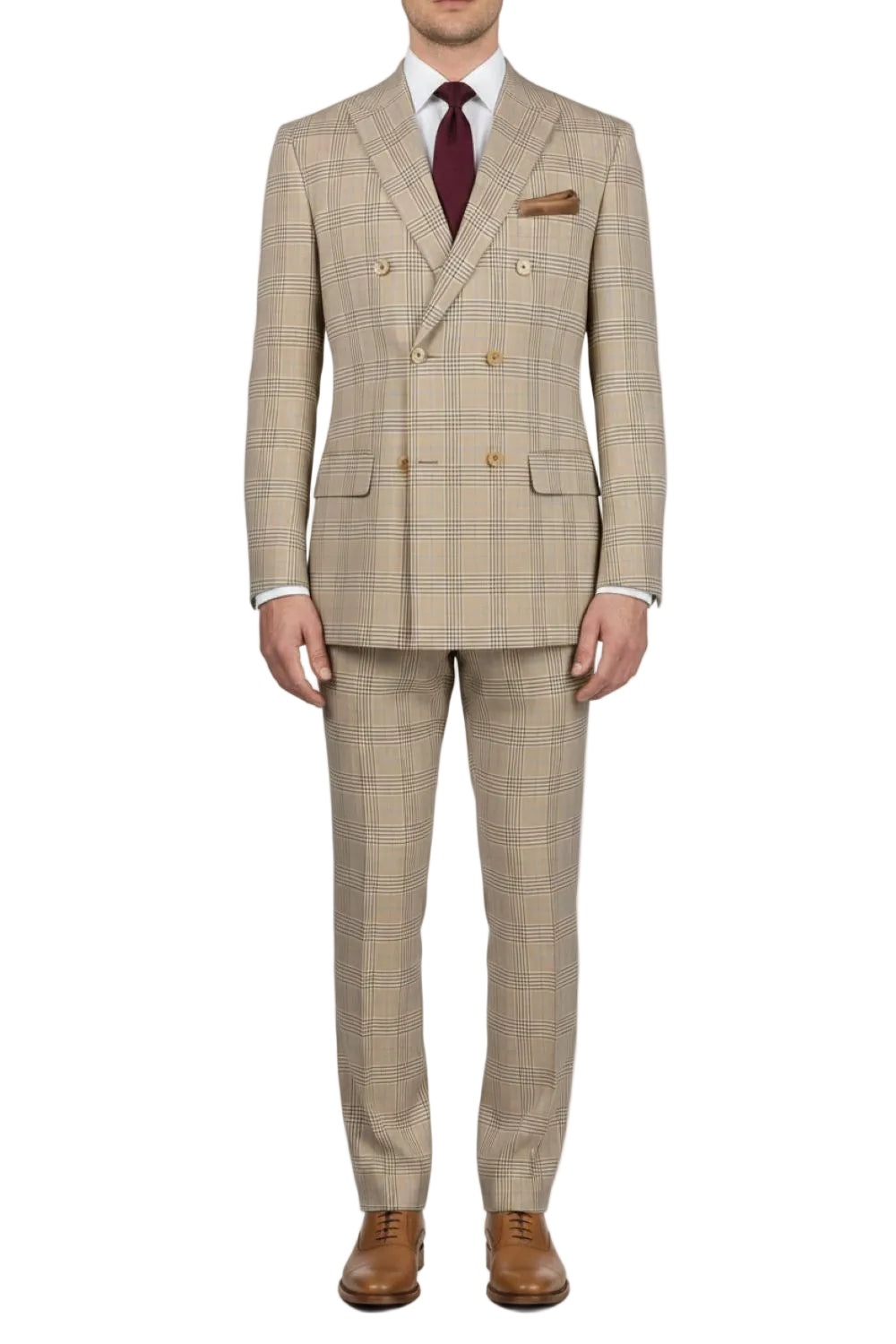 Regular Fit Beige Glen Plaid Double Breasted 2-Piece Suit