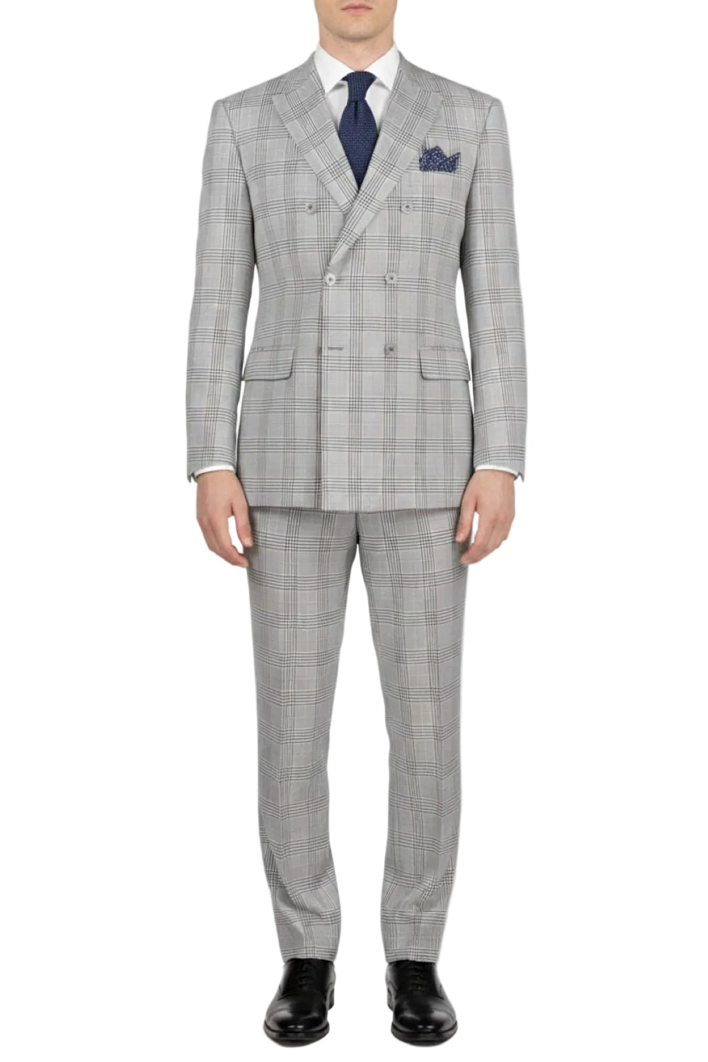Regular Fit Light Gray Glen Plaid Double Breasted 2-Piece Suit