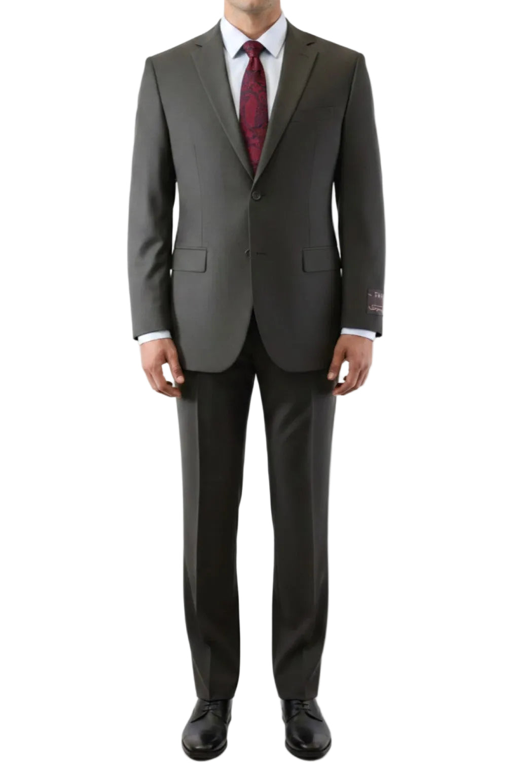 Dark Olive suit with a red tie on a white background