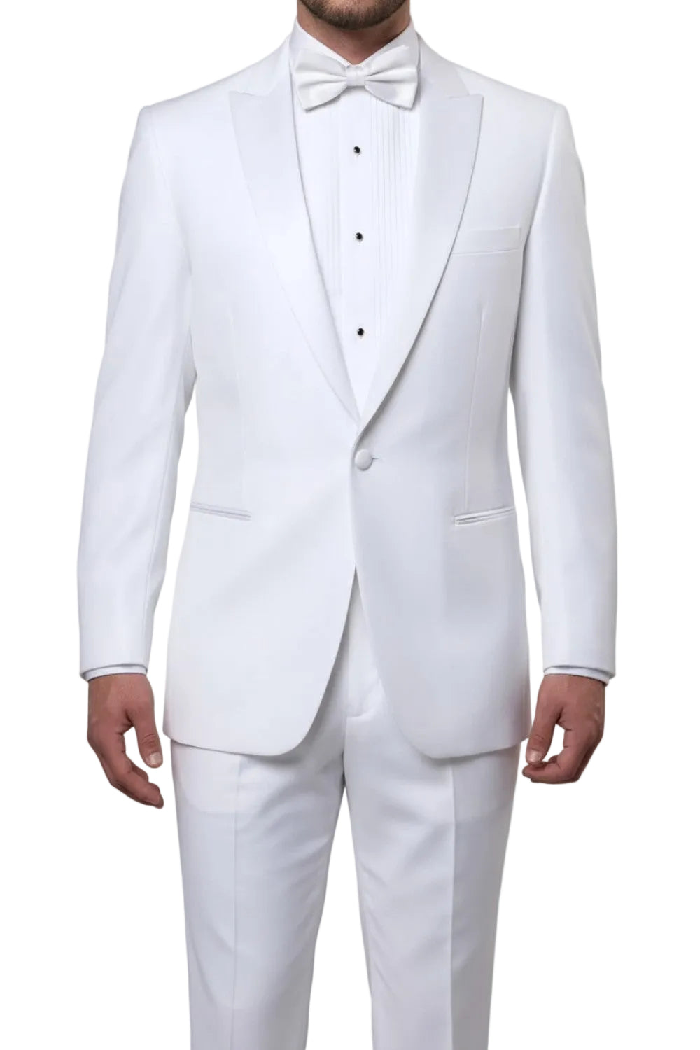 White tuxedo with a bow tie on a white background