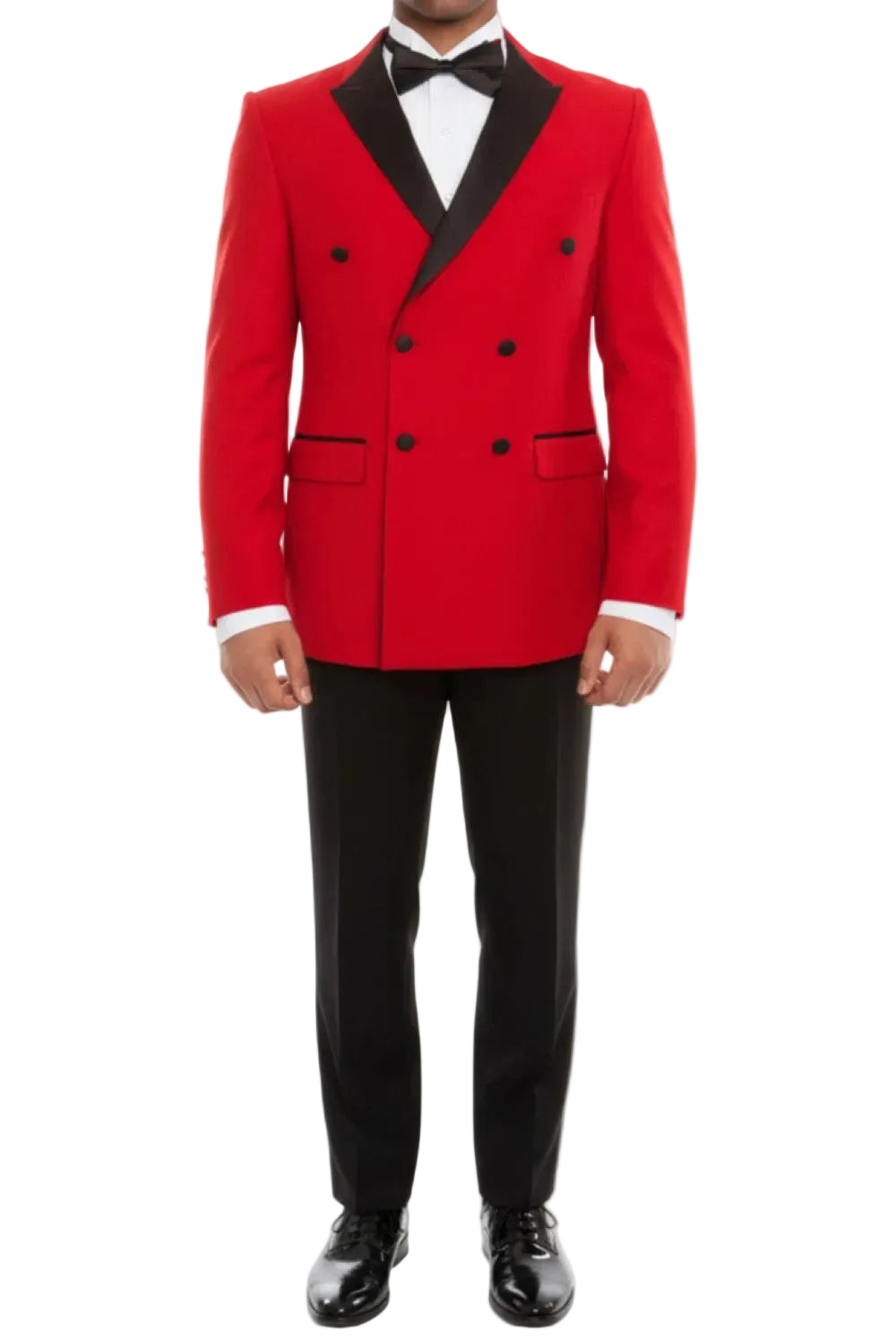 Red tuxedo with black lapels and pants on a white background