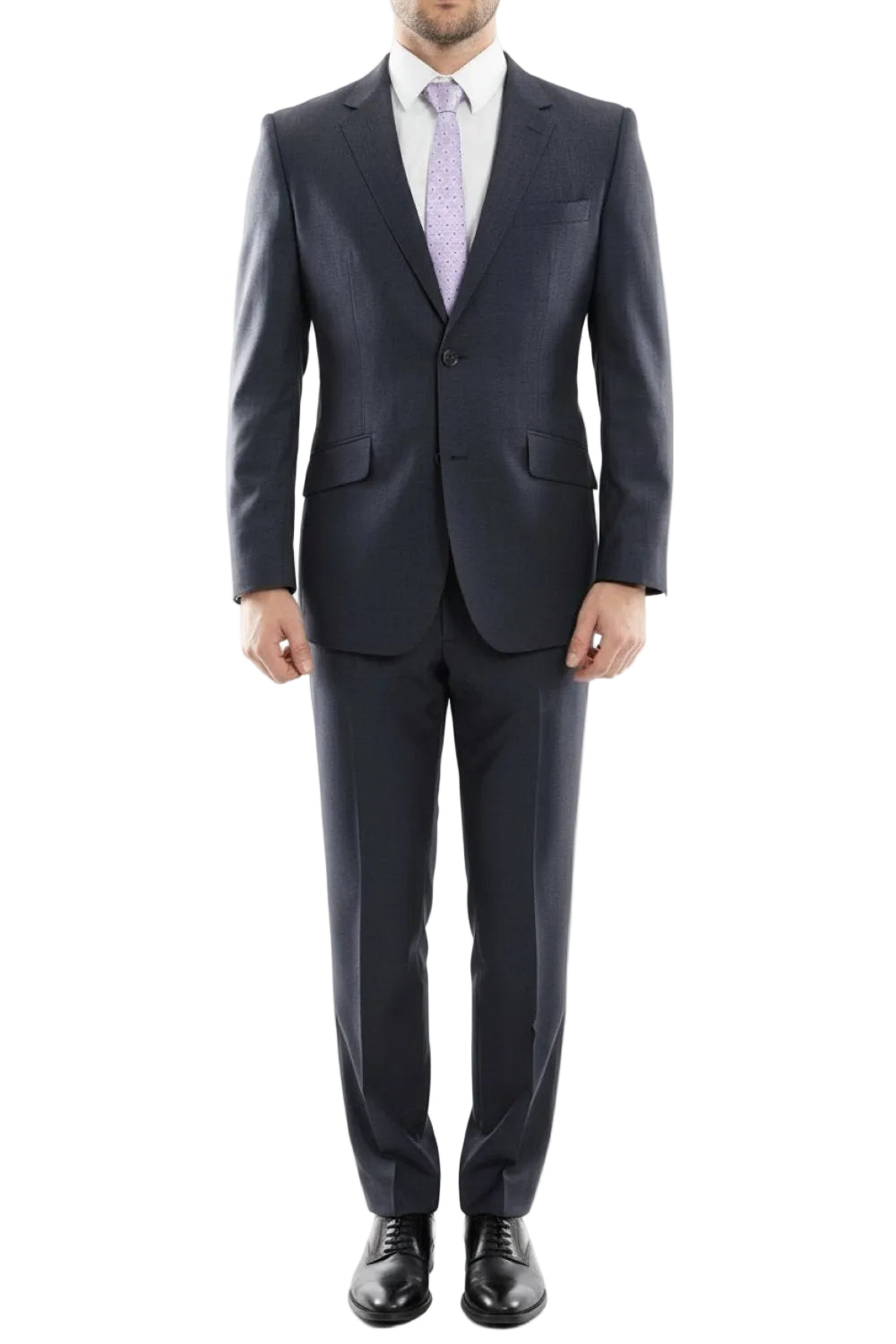 Man wearing a Navy suit with a light purple tie on a white background