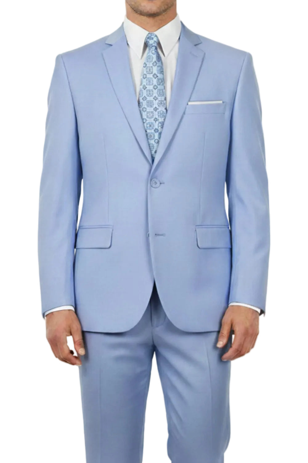 Light blue suit with a patterned tie on a white background