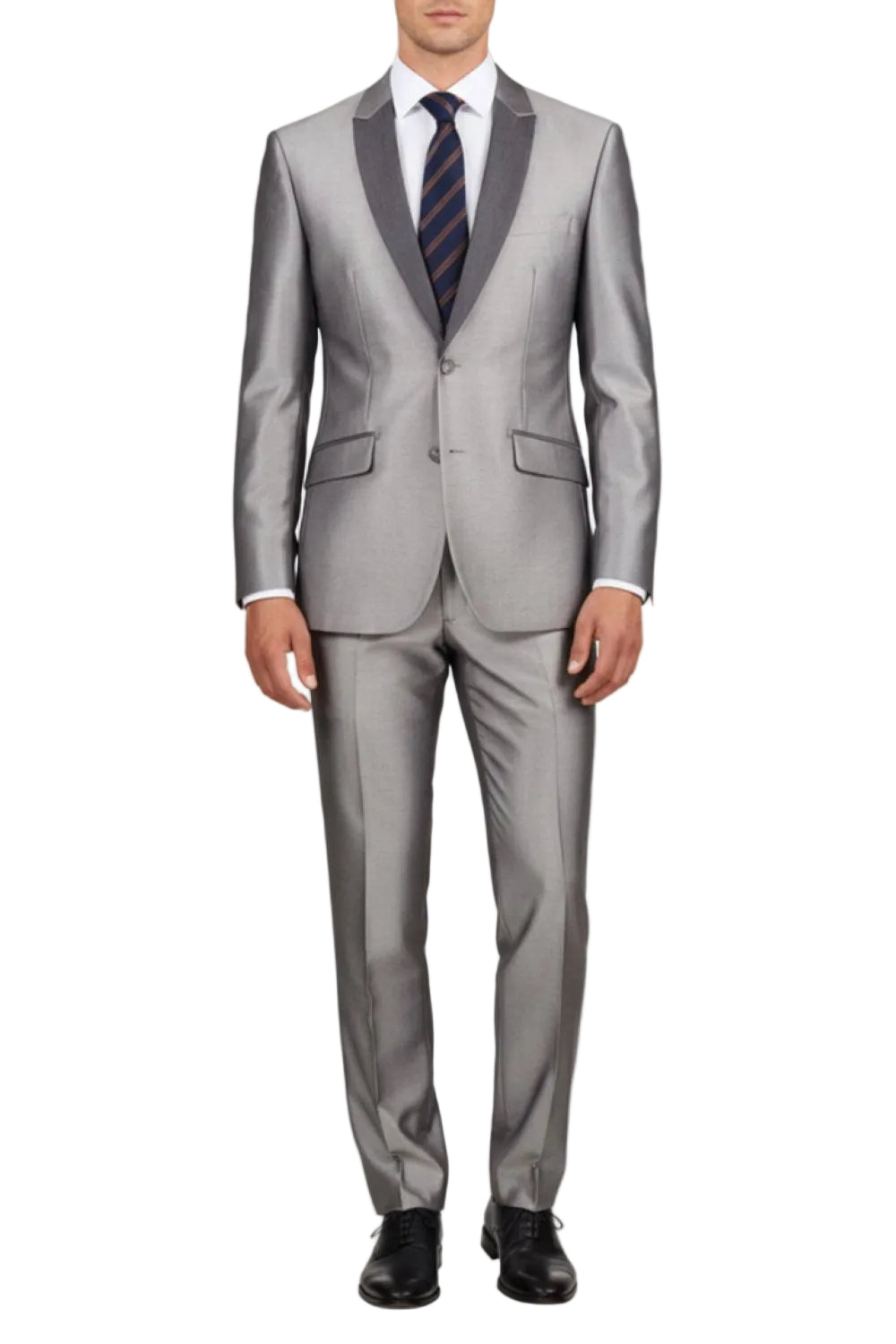 Gray suit with a striped tie on a white background
