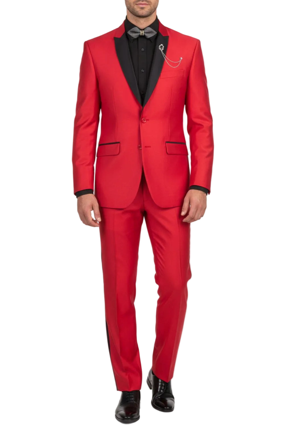 Red suit with black lapels and trim on a white background