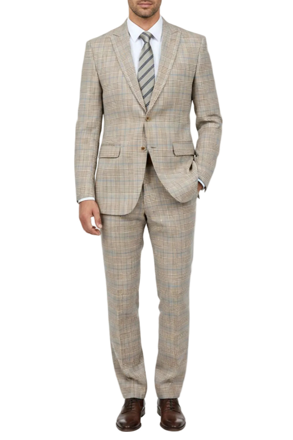 Man wearing a beige checkered suit with a striped tie on a white background