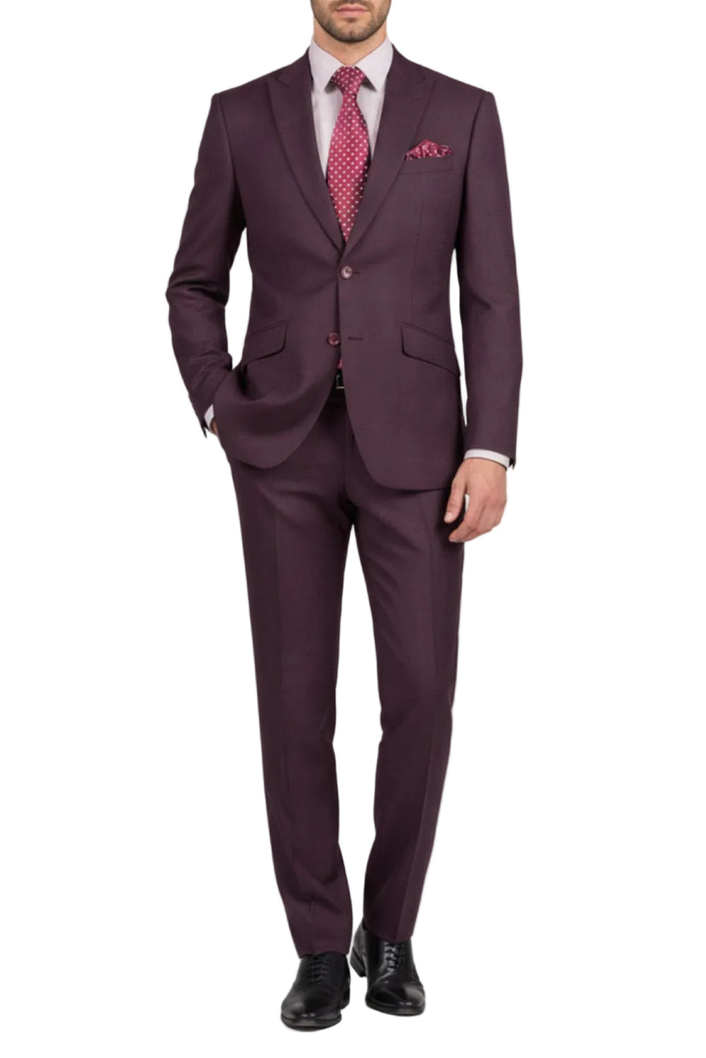 Burgundy suit with a red patterned tie and pocket square on a white background