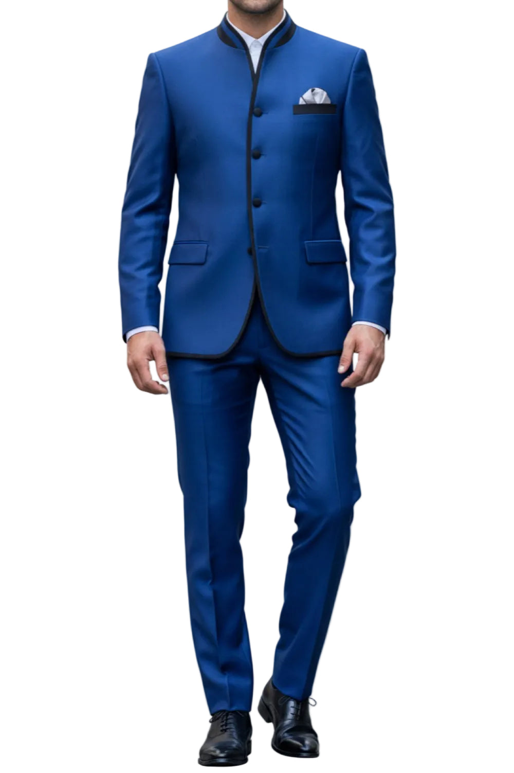 Blue suit with a white shirt and black shoes on a white background