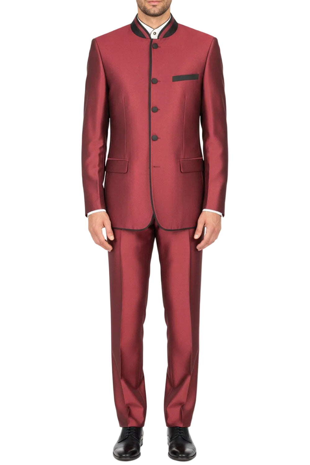 Maroon suit with black trim on a white background