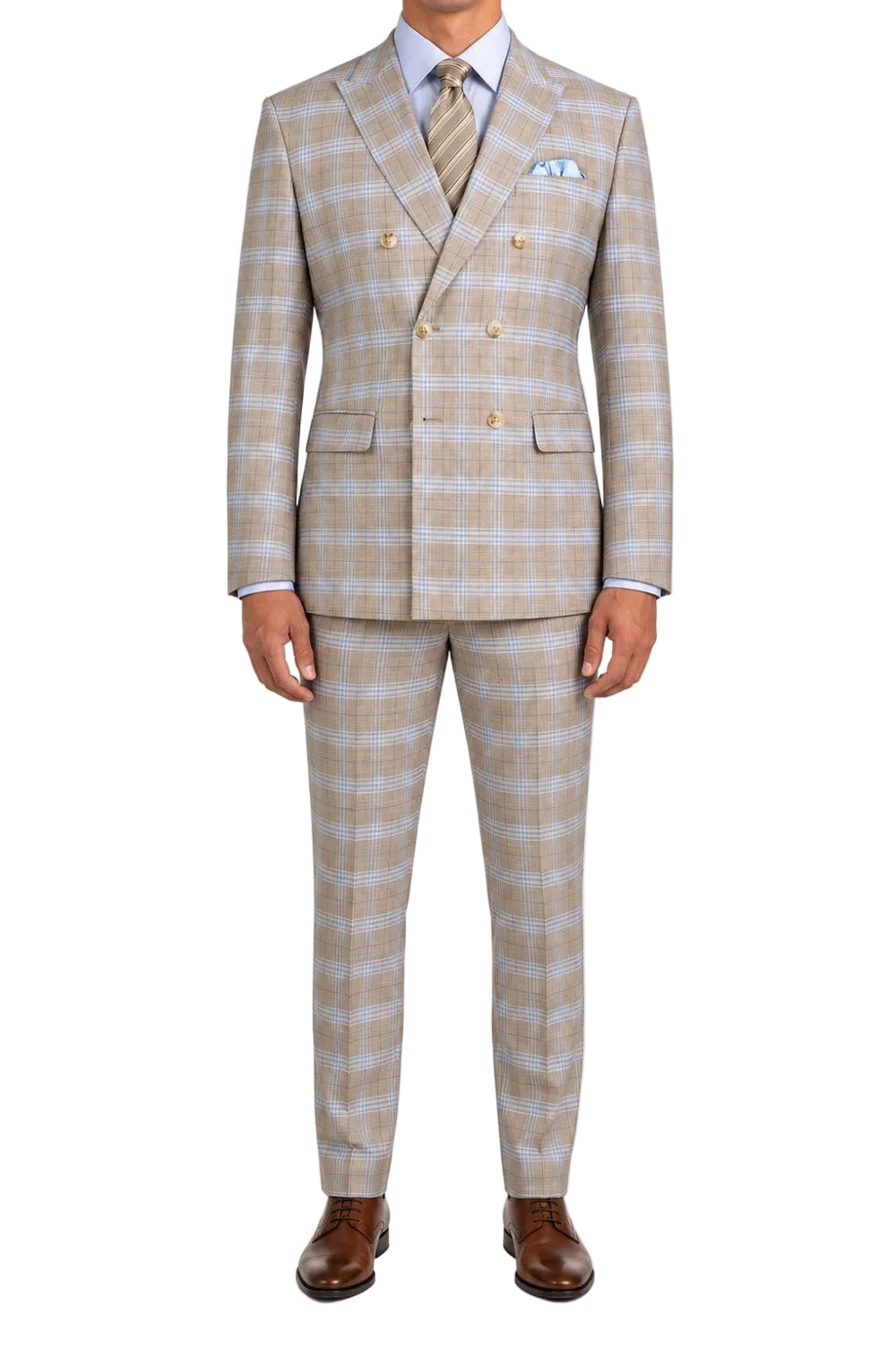(Limited Sizes) Slim Fit 2-Piece Double Breasted Windowpane Suit - Tan
