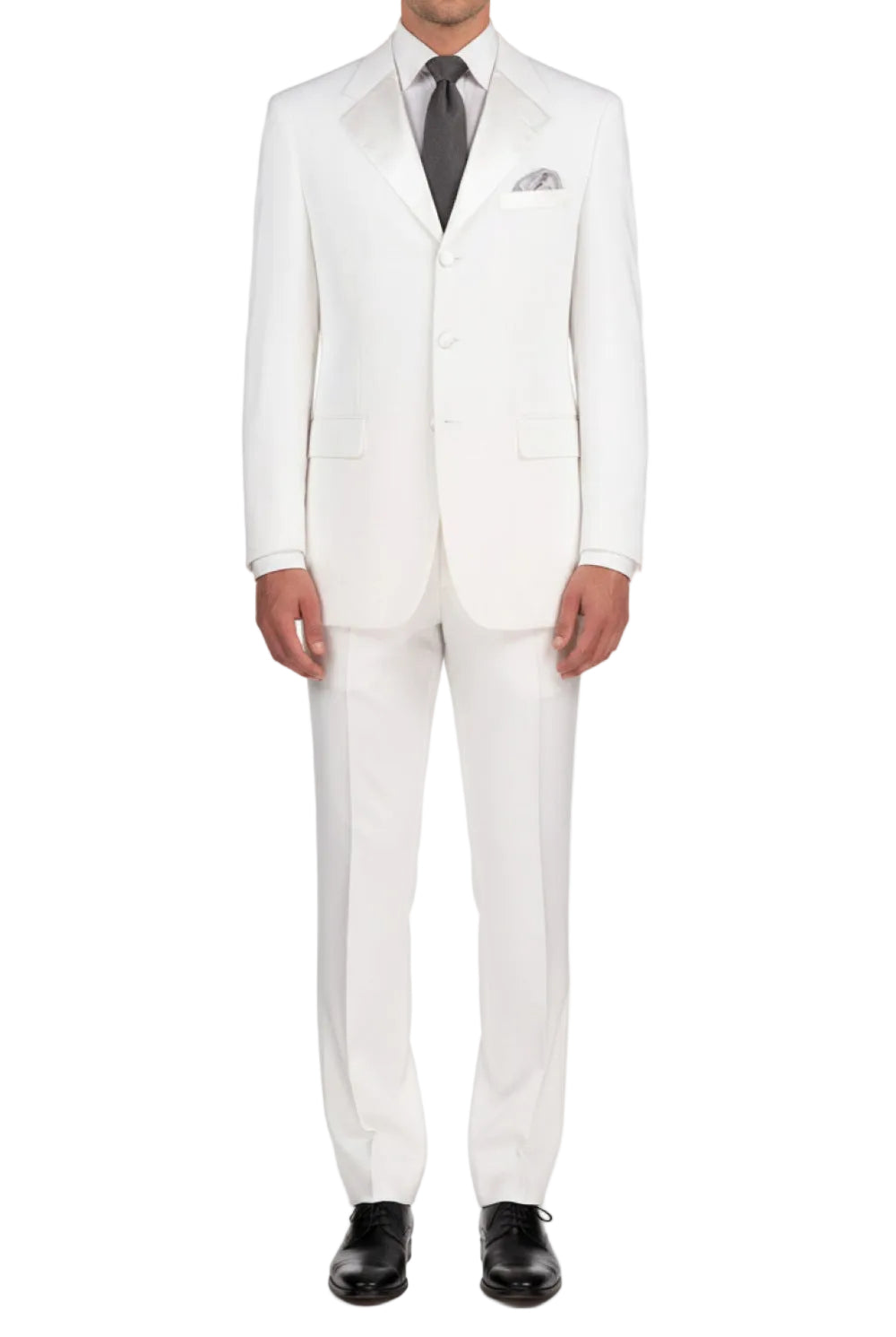White suit with a gray tie and black shoes on a white background