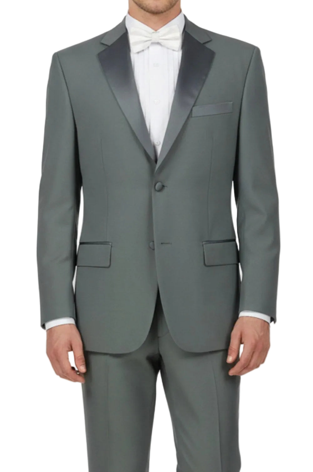 Gray tuxedo with a white bow tie on a white background