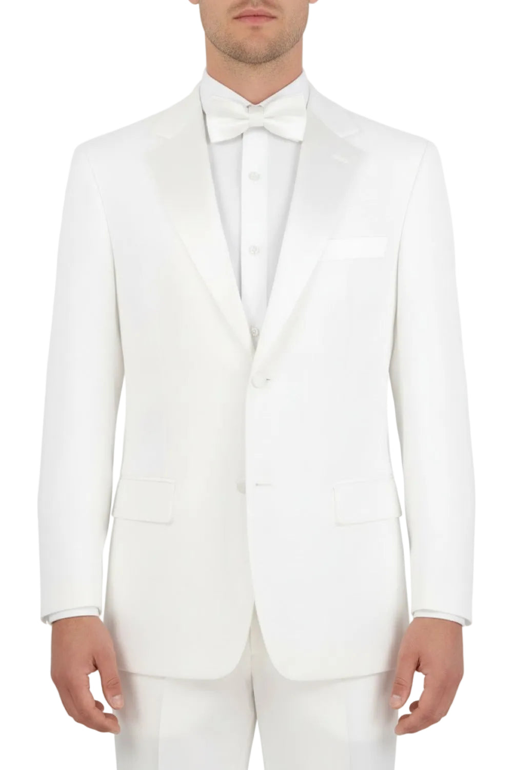 White tuxedo with bow tie on a white background