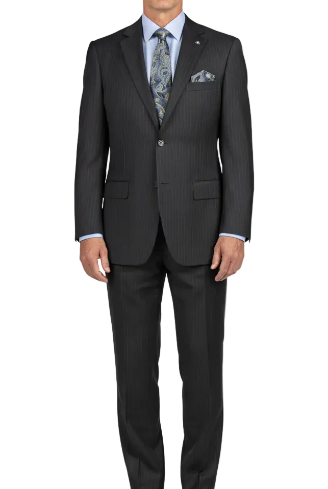Black suit with white shirt and patterned tie