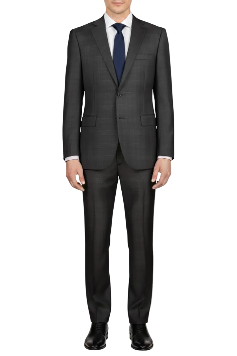 Black glen plaid suit with a blue tie on a white background