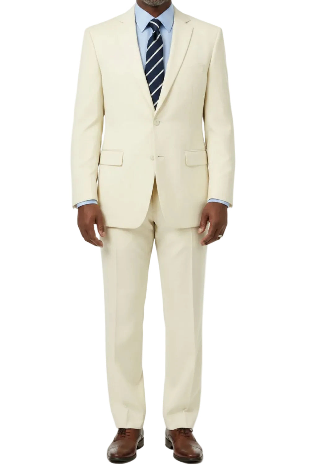 Beige suit with a striped tie on a white background