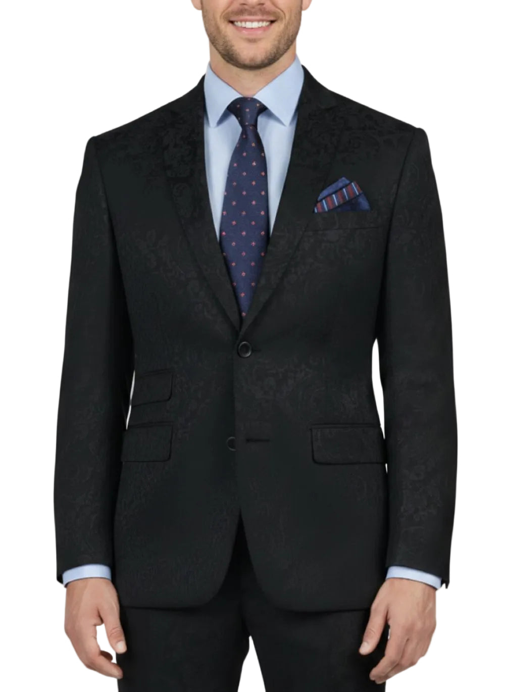 Black Tone on Tone Paisley Pattern Slim Fit Men's 2 Piece Suit 2 Button jacket, with collar, pocket, and tie visible.