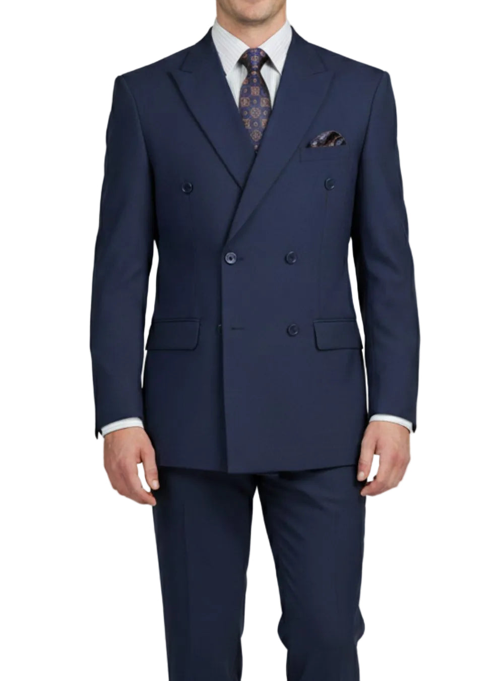 Navy blue suit with a patterned tie on a light gray background