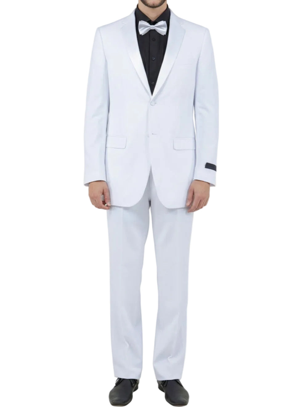White tuxedo with black bow tie on a white background