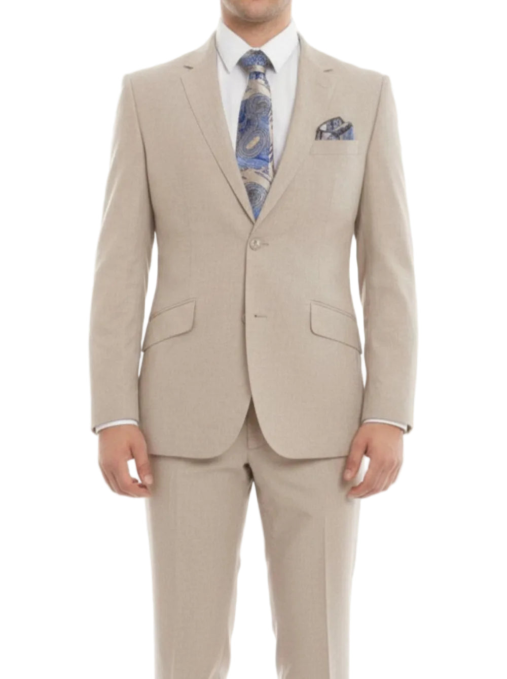 Beige suit with a patterned tie and pocket square on a white background