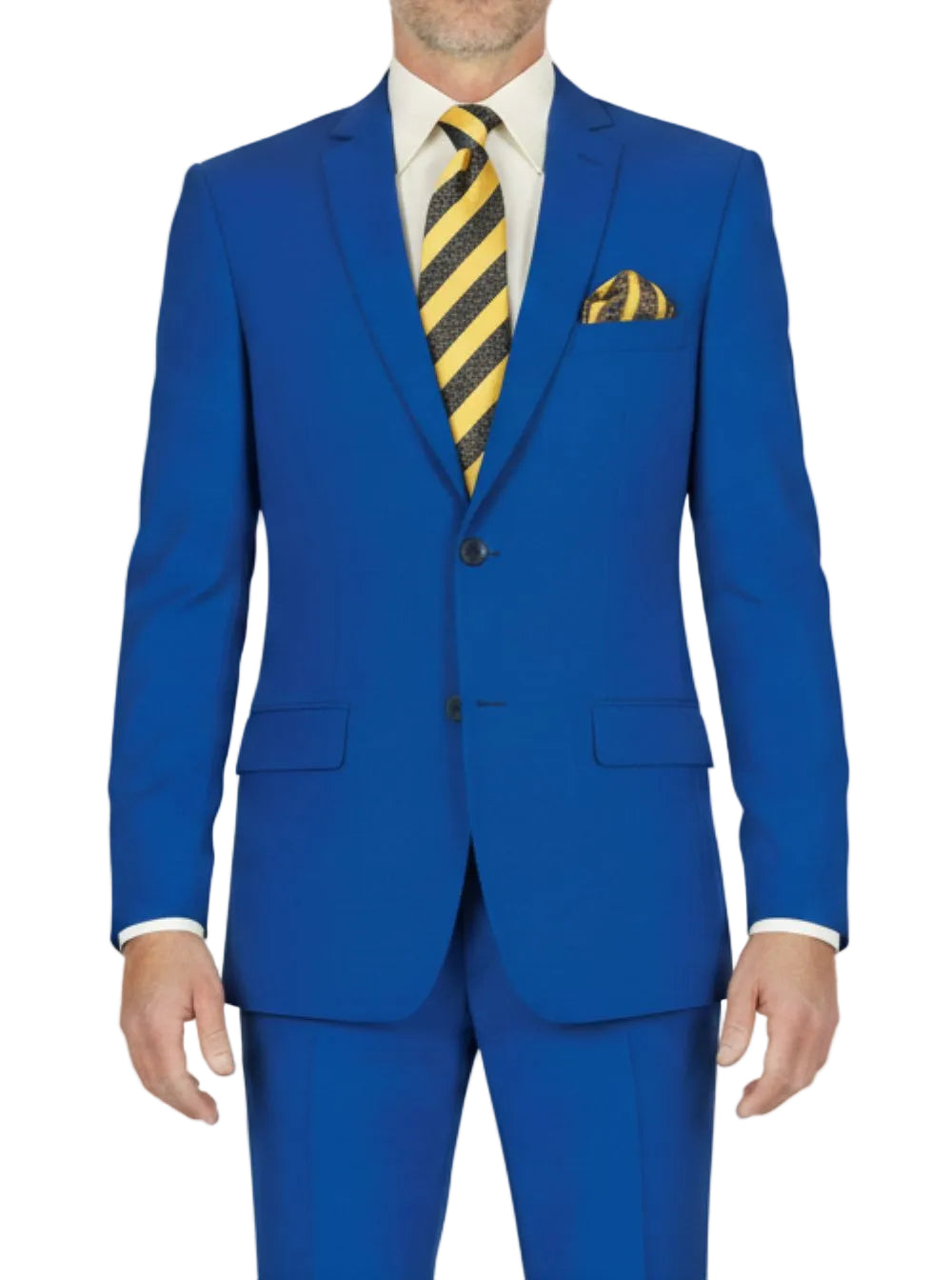 Blue suit with a yellow and black striped tie and pocket square on a white background