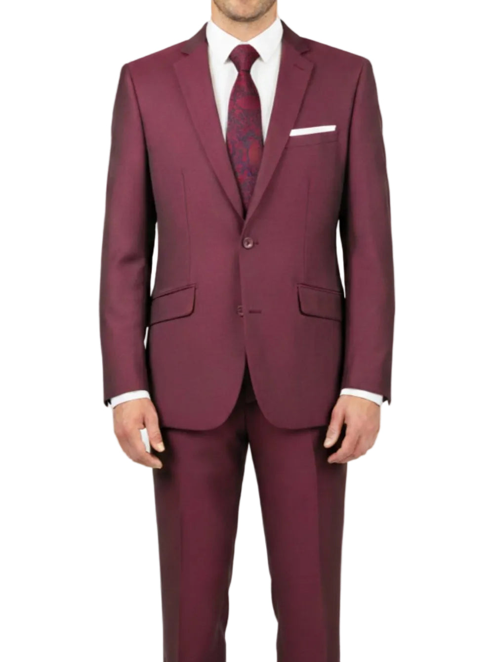 Maroon suit with matching tie on a light gray background