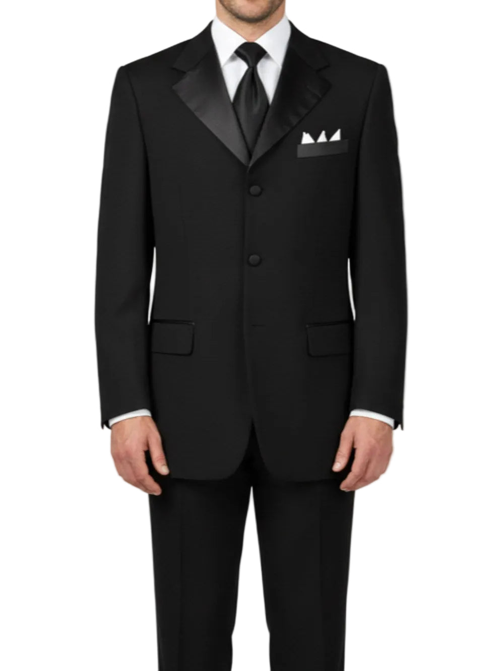 Black tuxedo with white shirt and black tie on a light gray background