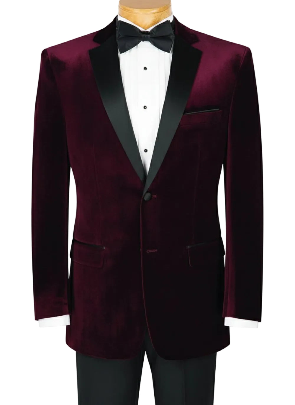 Burgundy velvet tuxedo with black lapels on a mannequin against a white background