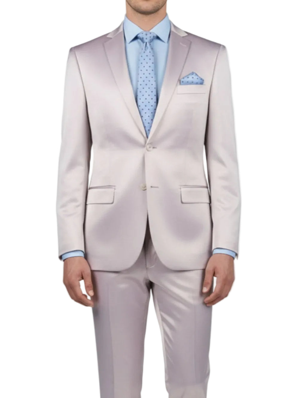 Light gray suit with a blue tie and pocket square on a white background