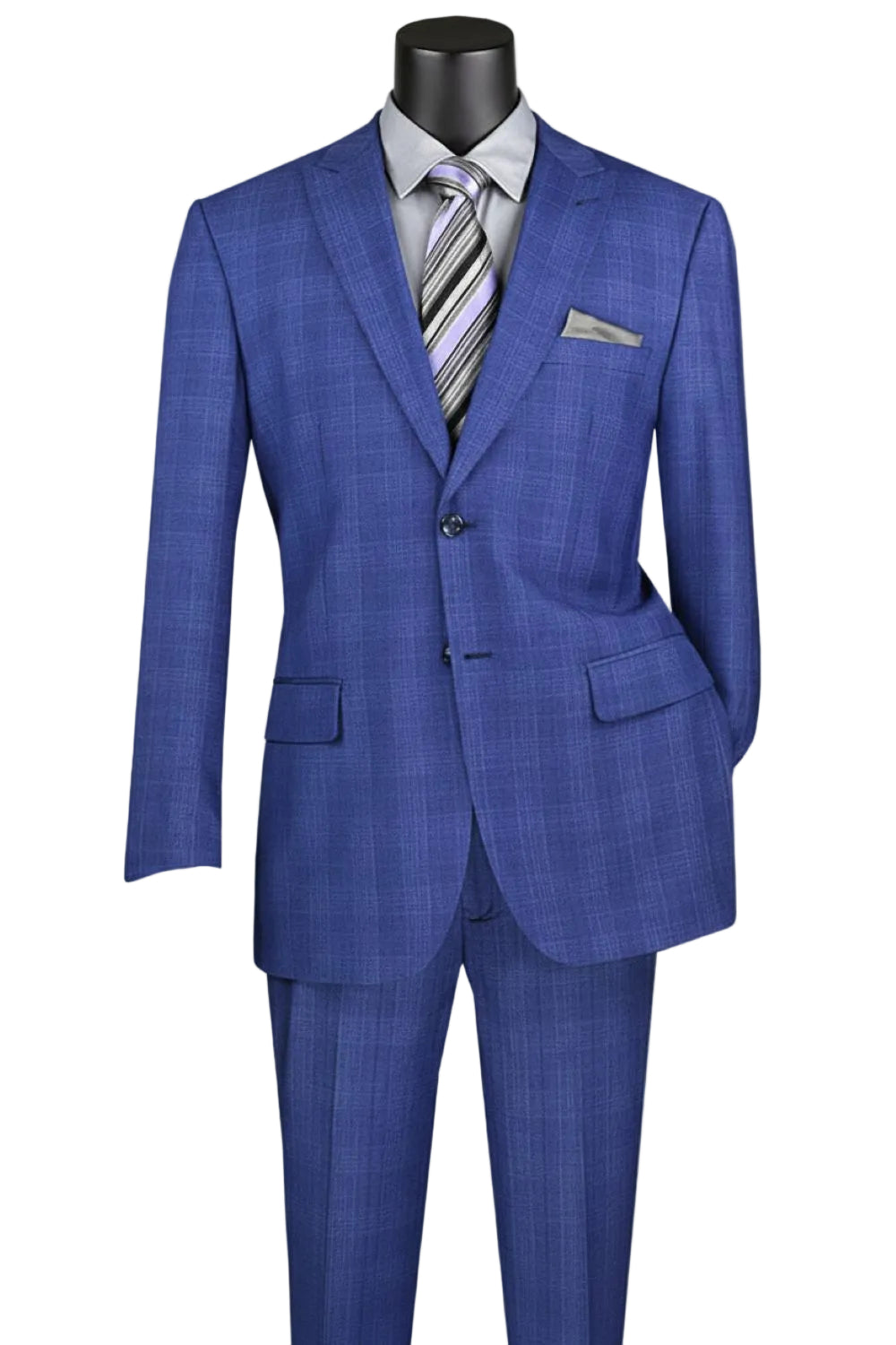 Vinci Pompey Collection Men's blue Glen Plaid 2 Piece Regular Fit dress suit jacket, shown with a tie on a white background.