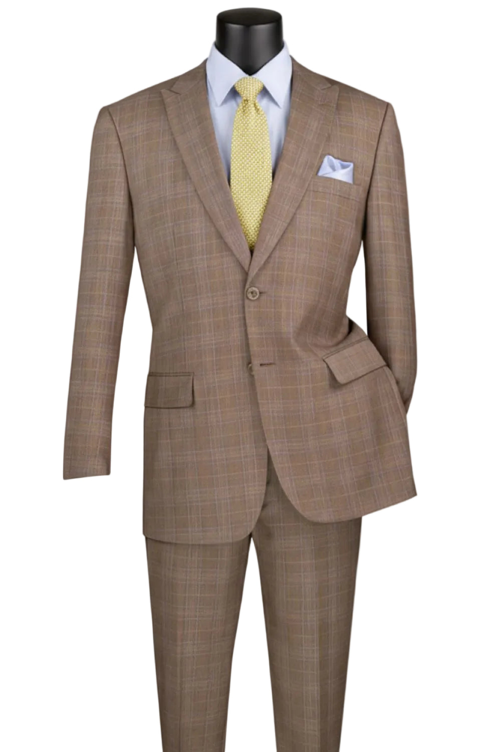Pompey Collection - Men's Glen Plaid Dress Suit 2 Piece Regular Fit in Tan