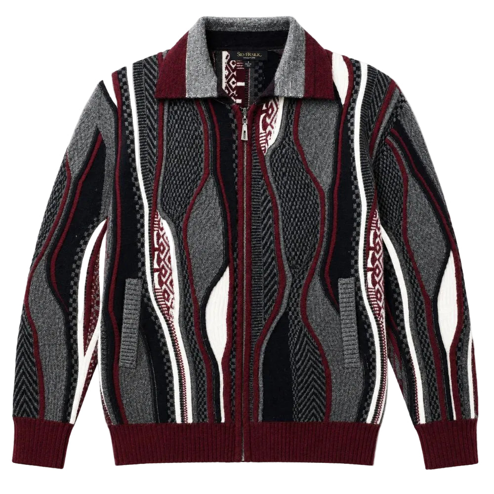 Men’s Abstract Wave Pattern Full-Zip Sweater - Gray