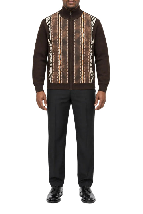 Brown men's full zip sweater with multicolor textured vertical panels and suede accents