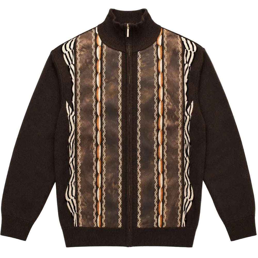 Brown Suede Embroidered Full-Zip Sweater