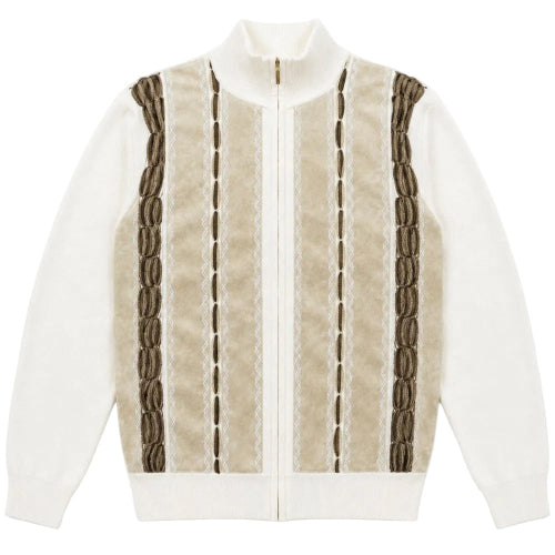 Cream men's full zip sweater with suede accents and embroidered detailing