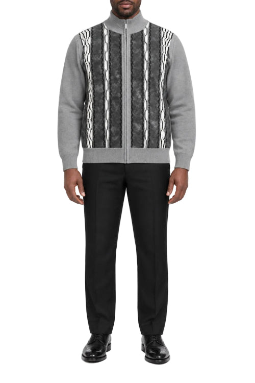 Gray men's full zip sweater with black and white textured vertical front panels