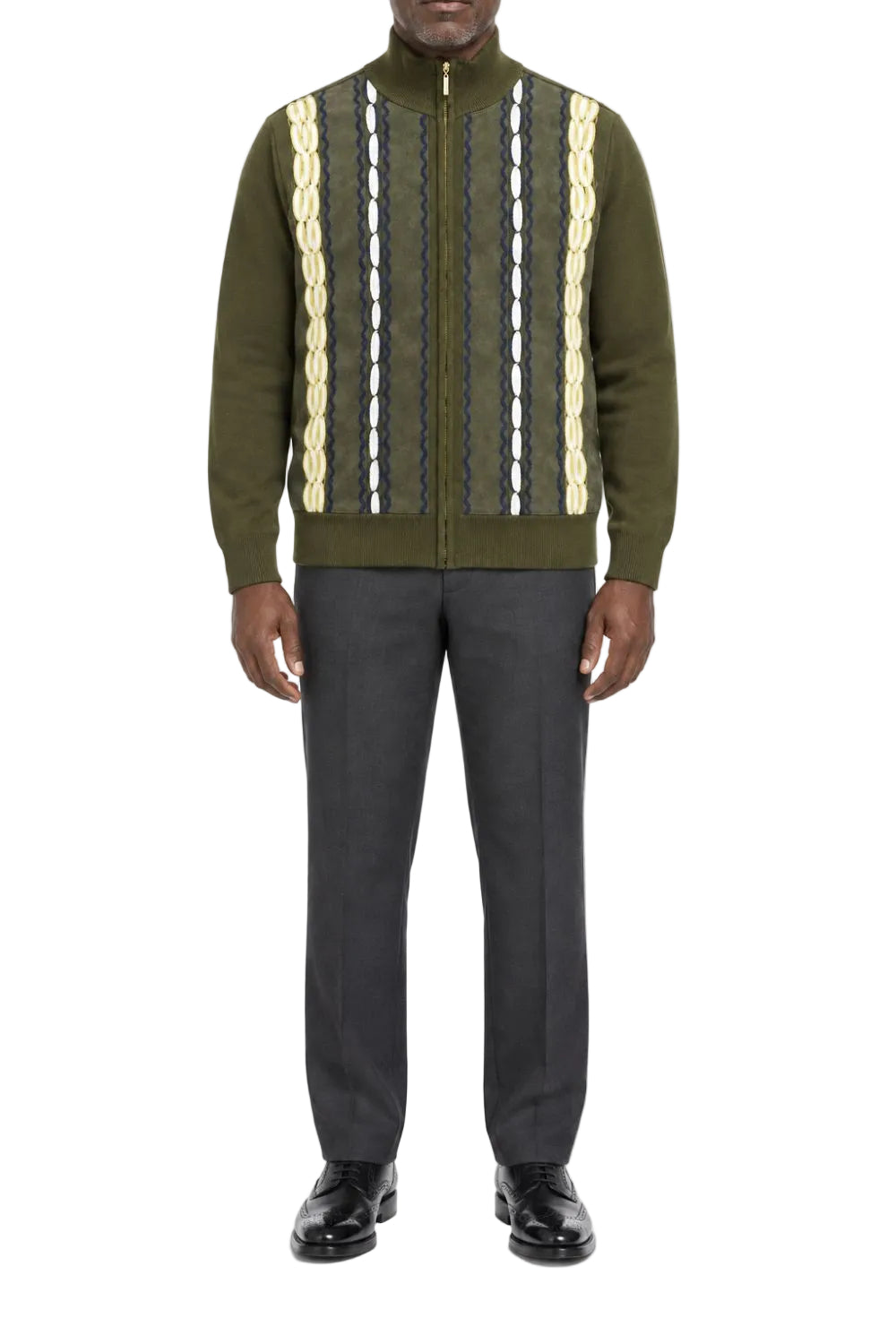 Olive men's full zip sweater with cream and gray cable knit front panels