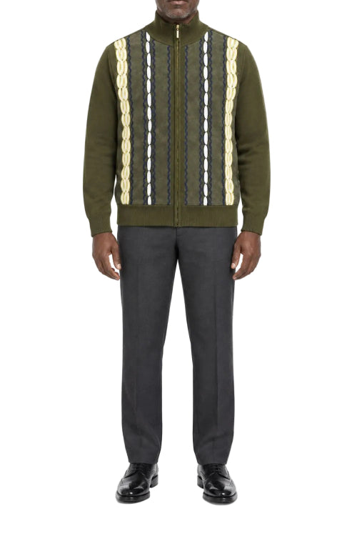 Olive men's full zip sweater with cream and gray cable knit front panels